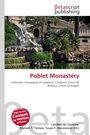 "Poblet Monastery" in roter Schrift. Darunter: "Cistercian, Comarques of Catalonia...". Bild zeigt eine Gartenlandschaft mit Skulptur.