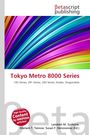 "Tokyo Metro 8000 Series" steht in Rot, darunter Seriennamen in Grau. Ein bunter Bogen im Hintergrund.