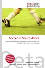 "Soccer in South Africa", darunter Auflistungen. Oben ein Logo, unten ein rotes Siegel, im Hintergrund verschwommene Beine auf Rasen.