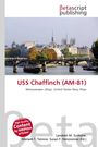 Text: „USS Chaffinch (AM-81) Minesweeper (Ship), United States Navy Ships“. Illustration mit Fluss und Brücke im Hintergrund.