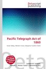 Text: „Pacific Telegraph Act of 1860. Hiram Sibley, Western Union, Benjamin Franklin Ficklin.” Grafik: Bunte Punktmuster.