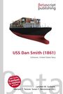 "USS Dan Smith (1861), Schooner, United States Navy" in roter Schrift. Ein Containerschiff mit bunten Containern.