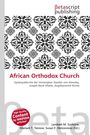 "African Orthodox Church" steht in roter Schrift, darunter Beschreibung. Schwarzes Ornamentmuster auf weißem Hintergrund.