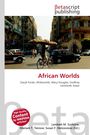 "African Worlds" und Autorennamen. Ein Mann auf Fahrrad balanciert Brot auf dem Kopf in einer geschäftigen Stadt.