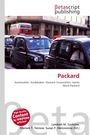 "Packard" in Rot, darunter "Automobile, Studebaker-Packard Corporation, James Ward Packard". Schwarze Taxis, roter Doppeldeckerbus.