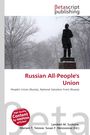 "Russian All-People's Union", Statue eines Mannes im Winter auf einem Sockel, umgeben von kahlen Bäumen.