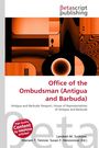 „Office of the Ombudsman (Antigua and Barbuda)“, roter Text. Abstrakte, geometrische Kunst in Orange und Schwarz.