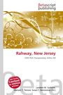 "Rahway, New Jersey" steht in roter Schrift. Goldene Ornamente mit Schneeflocken zieren einen weißen Hintergrund.