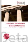 "Office of the Auditor General Manitoba" steht in Rot auf Weiß. Drei ionische Säulen tragen ein Gebälk darüber.