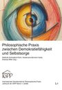 „Philosophische Praxis zwischen Demokratiefähigkeit und Selbstsorge. Buntes, dynamisches Gemälde mit spiralförmigen Formen."