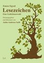 Auf grünem Hintergrund ein Baum, dessen Äste in stilisierten Buchseiten blättern. Texte: "Lesezeichen. Eine Gedichtauswahl".