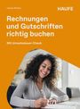 Text oben: "Carola Rinker", "HAUFE". Text groß: "Rechnungen und Gutschriften richtig buchen". Unten: Frau schreibt lächelnd.
