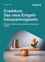"Crashkurs Das neue Entgelttransparenzgesetz. Münzstapel balanciert mit einer Holzfigur, die ein grünes Häkchen hält."