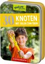 "30 KNOTEN MIT SEILEN ZUM ÜBEN." Junge hält ein gelbes Seil mit Knoten. Oben linkes Logo: Nature Zoom. Unten Coppenrath-Logo.