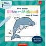 "Mein erster Glitzer-Malspaß: Meer & Ozean" steht auf einem Buchcover mit springendem Delfin und einem Bleistift.