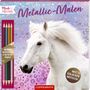 „Pferde Freunde“, „Metallic-Malen“, „Bicolor-Buntstifte: 8 Metallic-Farben“, „Mit goldenen Motiven!“. Ein weißes Pferd.