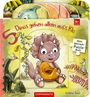 „5 Dinos gehen allein aufs Klo“. Kinderbuch mit Illustrationen von Dinosauriern, ein Dino hält einen kleinen Topf.