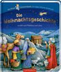 "Die Weihnachtsgeschichte" oben, "erklärt nach Matthäus und Lukas" darunter. Illustration: Drei Weise, Kamele, Stern über Bethlehem.