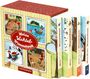 "Meine Wichtel-Wimmelwelt" steht auf einem Schuber mit vier Büchern: Frühling, Sommer, Herbst, Winter. Kinder in Wichtelanzügen.