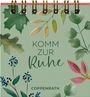 „Komm zur Ruhe“ und „COPPENRATH“. Aquarell-Illustration mit grünen und bunten Blättern auf hellgrünem Hintergrund.