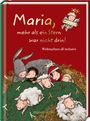 "Maria, mehr als ein Stern war nicht drin! Weihnachten all inclusive." Illustration: Esel, Menschen, Engel und Schafe im Stroh.