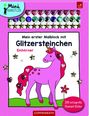 Ein bunter Malblock mit einem lila Einhorn, bunten Glitzersteinen und Aufklebern, geeignet für Kinder ab 4 Jahren.