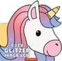 „Cozy Glitzer Malbuch“ in verspielter Schrift. Illustration eines Einhorns mit Regenbogenmähne und goldenem Horn.
