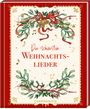 "Die schönsten Weihnachtslieder" in roter Schrift, grüner Zweig mit goldenen Glöckchen, roten Bändern und Noten.