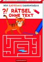 "Rätsel ohne Text" steht groß auf einem kunterbunten Kindergarten-Block mit einem roten Hintergrund. Ein orangefarbener Tiger und ein Labyrinth sind abgebildet.