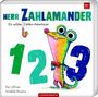 Titel: "Herr Zahlamander: Ein wildes Zahlen-Abenteuer." Illustration eines bunten Salamanders neben Zahlen 1, 2, 3.