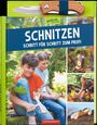 „Schnitzen: Schritt für Schritt zum Profi“, Nature Zoom. Kinder schnitzen; Messerbügel oben, Collage aus Fotos.