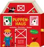 Text: "PUPPEN-HAUS. Aufstellen • Einrichten • Spielen. Bauernhof. Über 80 Teile: Figuren, Tiere, Sticker & Co."

Illustration eines roten Bauernhauses mit Tieren und einem Bauern.