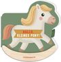 Text: "HALLO, KLEINES PONY!" Illustration eines fröhlichen Ponys auf einem Kinderbuch in Form eines Ponys.