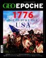 "1776 DIE GEBURT DER USA" steht über einem Gemälde, das einen Marsch von Soldaten mit Flaggenschwenken zeigt.