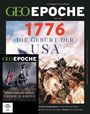 "1776 Die Geburt der USA." GEO Epoche Nr. 137. Illustration von Menschen in historischer Kleidung mit amerikanischer Flagge.