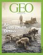 Titel: "GEO PERSPEKTIVE 2023". Text: "An extremen Orten". Schlittenhunde und Mensch in eisiger Landschaft.