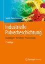 "Industrielle Pulverbeschichtung" steht in weiß auf orange. "Judith Pietschmann" oben, bunte Pulverfarben als Hintergrund.