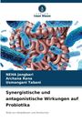 Titel: "Synergistische und antagonistische Wirkungen auf Probiotika". Visuelle Darstellung: Blaue Bakterien und Darm.