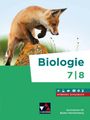 Text: "Biologie 7|8", "Hybrides Schulbuch", "Baden-Württemberg G9 - neu". Ein junges Fuchs auf einem moosigen Stein.