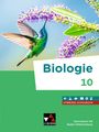 Text: "Biologie 10", "Hybrides Schulbuch", "Gymnasium G9 Baden-Württemberg." Ein schillernder Kolibri fliegt zu lila Blüten.