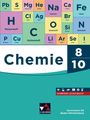 Periodensystem-Elemente und Symbole. Text: "Chemie 8/10", "HYBRIDES SCHULBUCH", "Gymnasium G9 Baden-Württemberg".