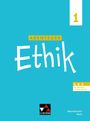 "Ethik" in großer weißer Schrift; "Abenteuer" klein in Gelb darüber; Nummer "1" rechts oben; darunter "Hybrides Schulbuch".