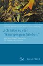 „Ich habe zu viel Trauriges geschrieben.“ Oben expressives Gemälde, unten blaue Flächen mit Verlag und Herausgebern.