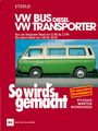"VW Bus Diesel, VW Transporter, So wird's gemacht. Pflegen, Warten, Reparieren. Grüner Bus auf rotem Hintergrund."