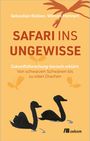 "Safari ins Ungewisse: Zukunftsforschung tierisch erklärt. Silhouetten von schwarzen Schwänen auf orangefarbenem Hintergrund."