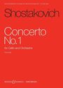 "Shostakovich Concerto No. 1 for Cello and Orchestra Full score" steht in schwarzem und weißem Text auf rotem Hintergrund.