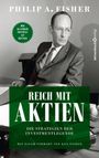 „Reich mit Aktien“ in großen Buchstaben, Bild eines Mannes im Anzug.