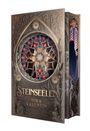 "Steinseelen, Mira Valentin." Ein kunstvoll gestaltetes Buchcover mit gotischem Rosettenfenster und filigranen Mustern.