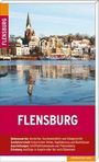 „Flensburg“ oben und unten, Sehenswürdigkeiten, Hafen und Ausstellungen erwähnt. Illustration zeigt Stadt am Wasser mit Kirche.