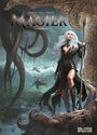 "Magier 14 - Helligorn" und "Splitter". Eine Frau mit langem weißem Haar steht vor Tentakeln, zwei Drachen fliegen.